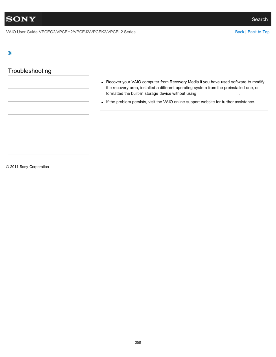 Area, Troubleshooting | Sony VPCEL2 Series User Manual | Page 358 / 360