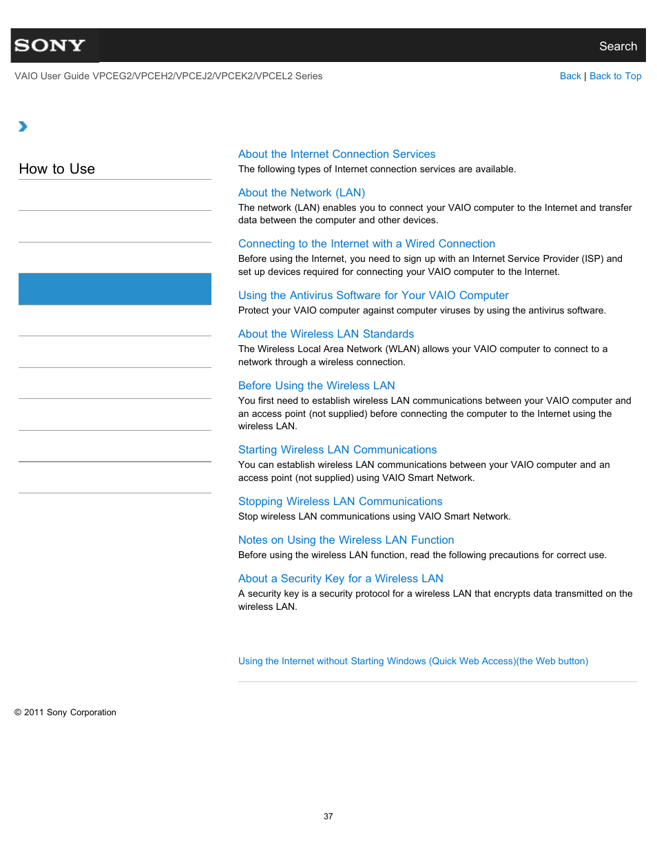 Internet, How to use | Sony VPCEL2 Series User Manual | Page 37 / 360