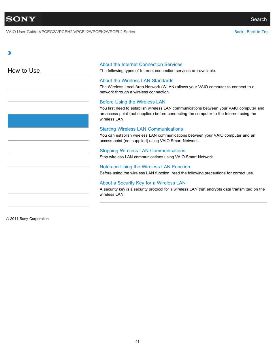 Wireless lan, How to use | Sony VPCEL2 Series User Manual | Page 41 / 360