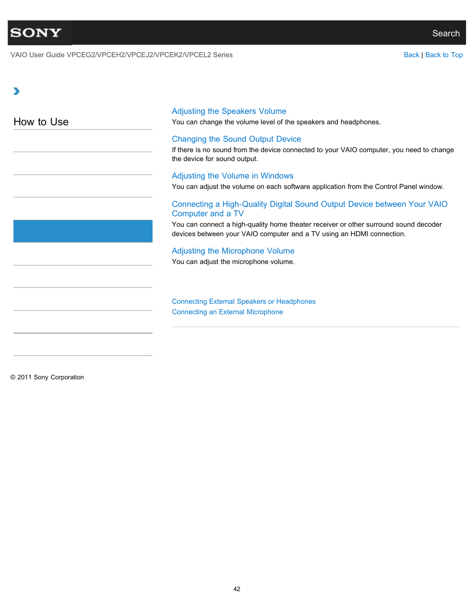 Audio, How to use | Sony VPCEL2 Series User Manual | Page 42 / 360