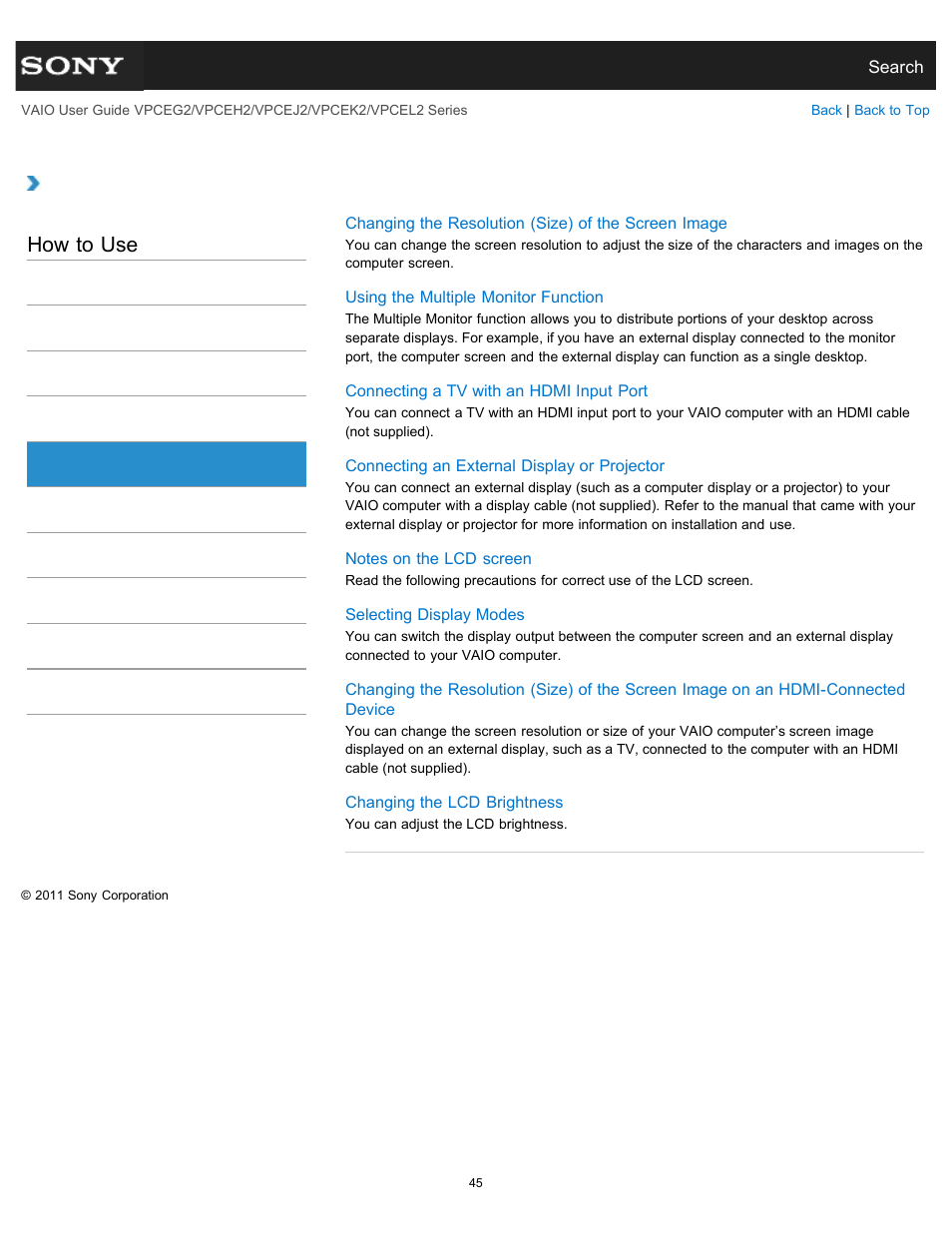 Display, How to use | Sony VPCEL2 Series User Manual | Page 45 / 360