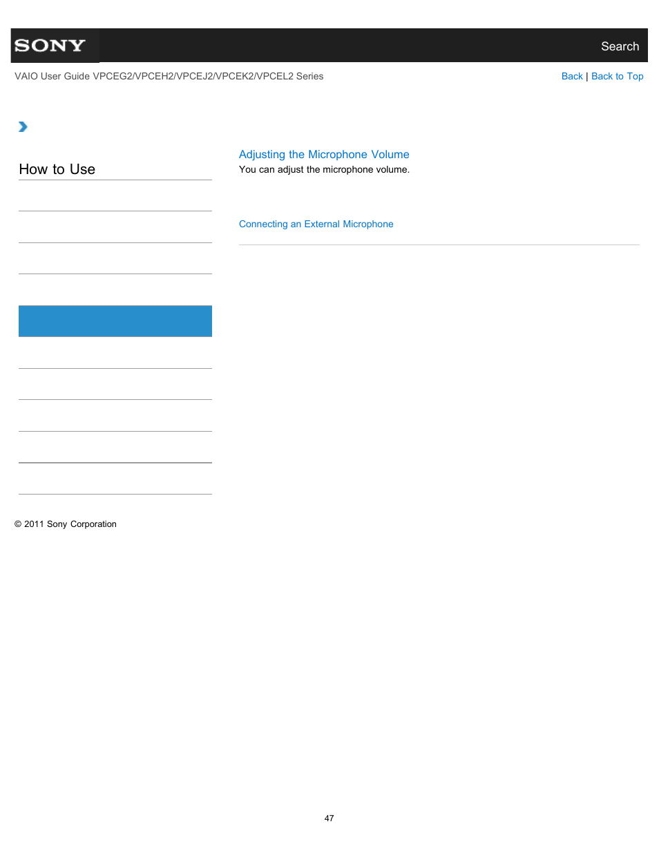 Microphone, How to use | Sony VPCEL2 Series User Manual | Page 47 / 360