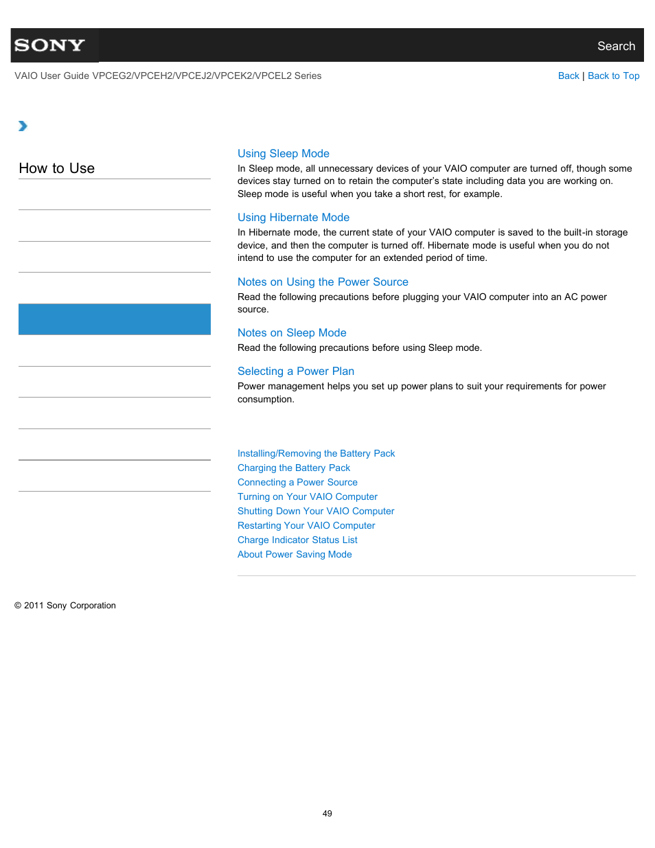 Power, How to use | Sony VPCEL2 Series User Manual | Page 49 / 360