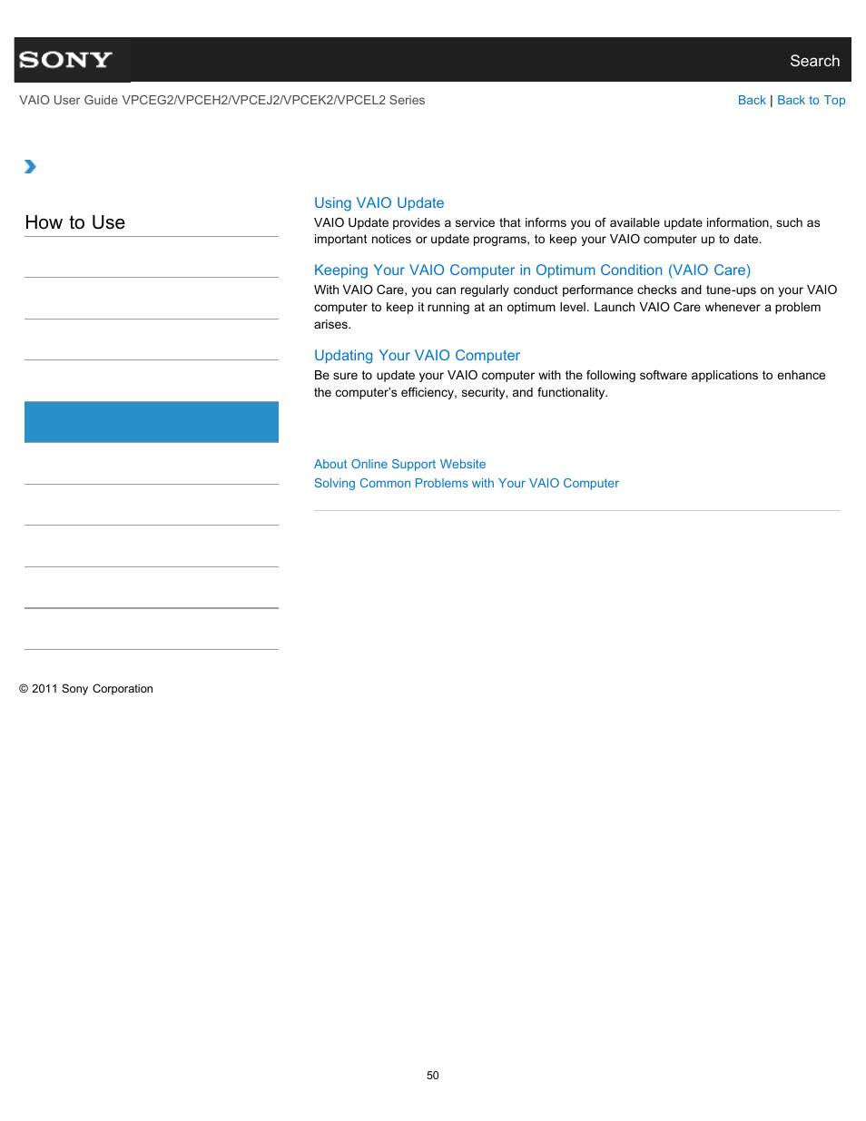 Service and support, How to use | Sony VPCEL2 Series User Manual | Page 50 / 360