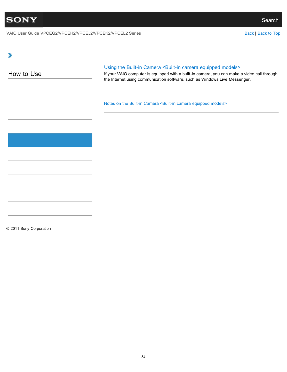 Camera, How to use | Sony VPCEL2 Series User Manual | Page 54 / 360