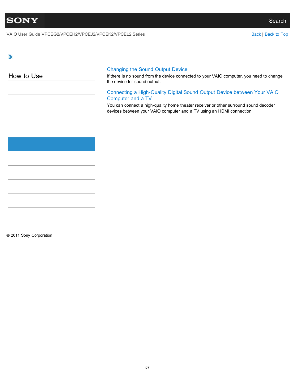 Optical digital output, How to use | Sony VPCEL2 Series User Manual | Page 57 / 360