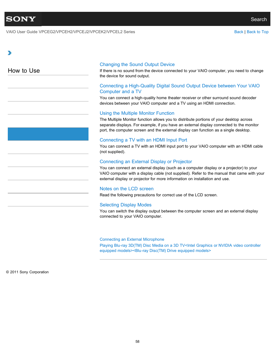 Peripheral device, How to use | Sony VPCEL2 Series User Manual | Page 58 / 360