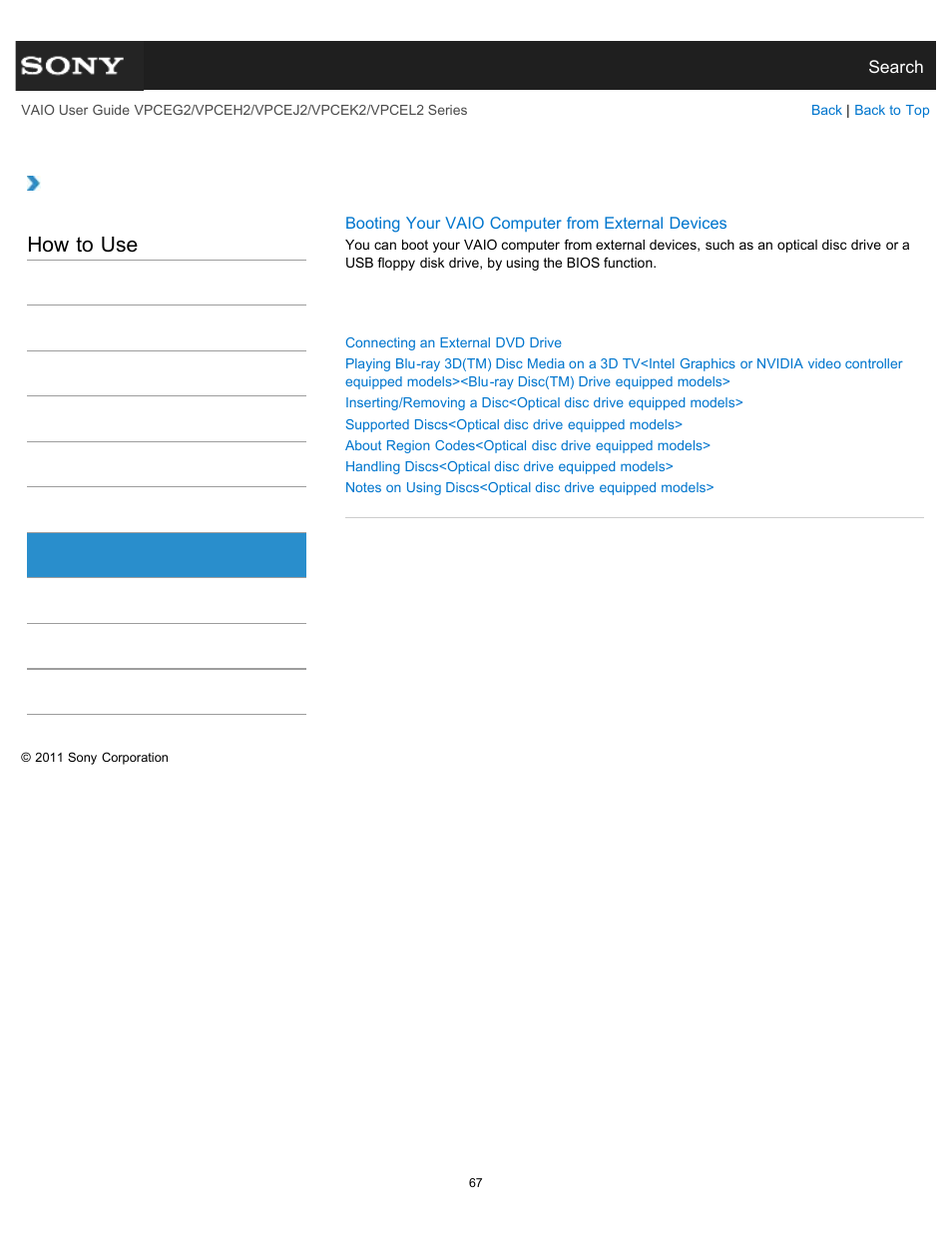 Cd/dvd/bd, How to use | Sony VPCEL2 Series User Manual | Page 67 / 360