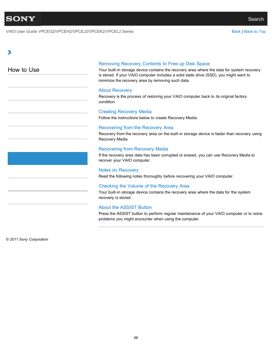 Recovery, How to use | Sony VPCEL2 Series User Manual | Page 68 / 360