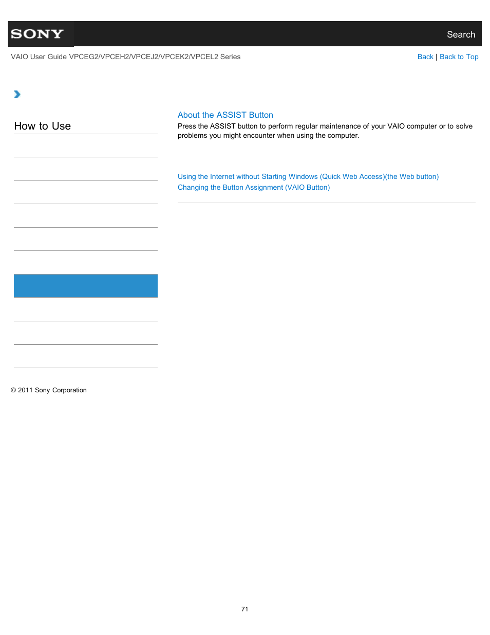 Button, How to use | Sony VPCEL2 Series User Manual | Page 71 / 360