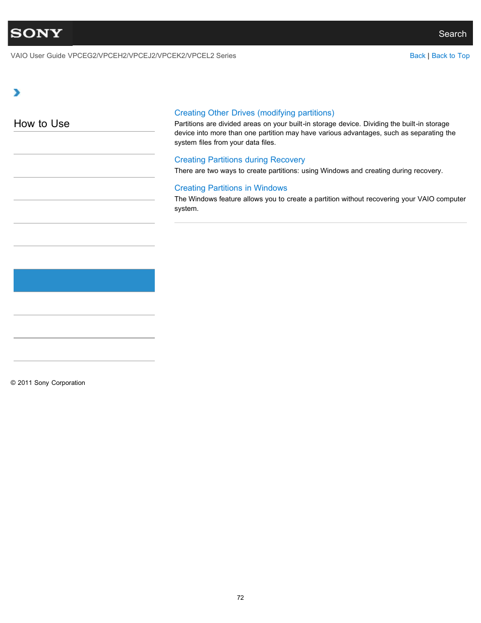 Partition, How to use | Sony VPCEL2 Series User Manual | Page 72 / 360