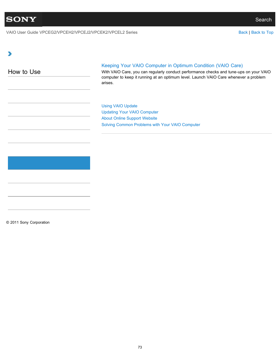 Service and support, How to use | Sony VPCEL2 Series User Manual | Page 73 / 360