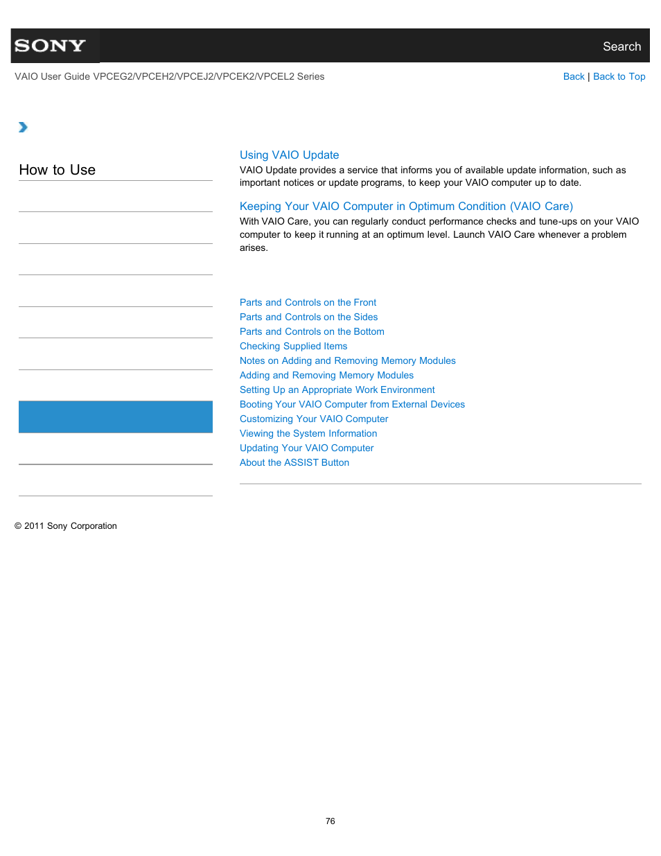 Vaio computer, How to use | Sony VPCEL2 Series User Manual | Page 76 / 360