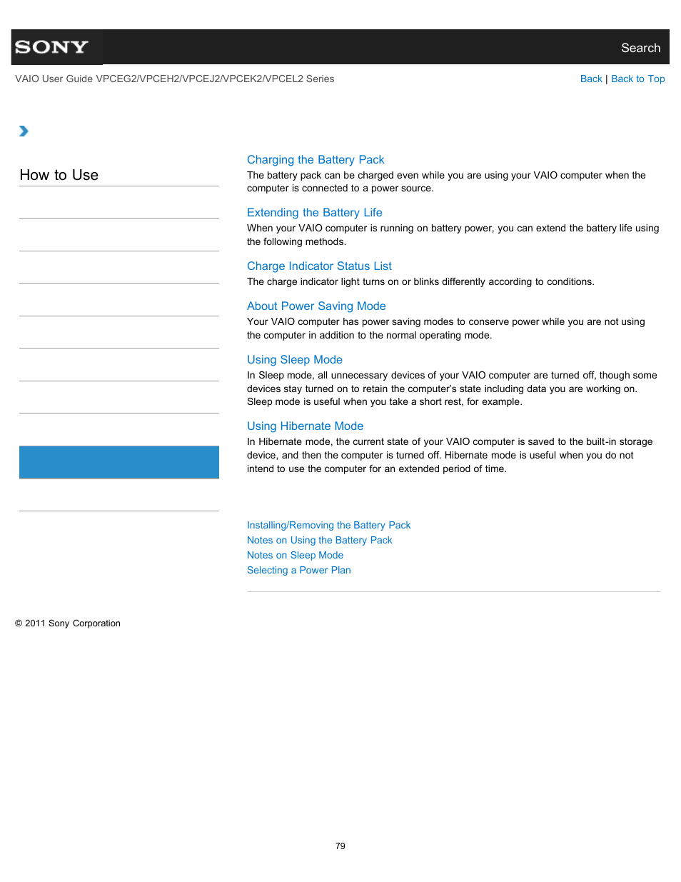 Battery, How to use | Sony VPCEL2 Series User Manual | Page 79 / 360