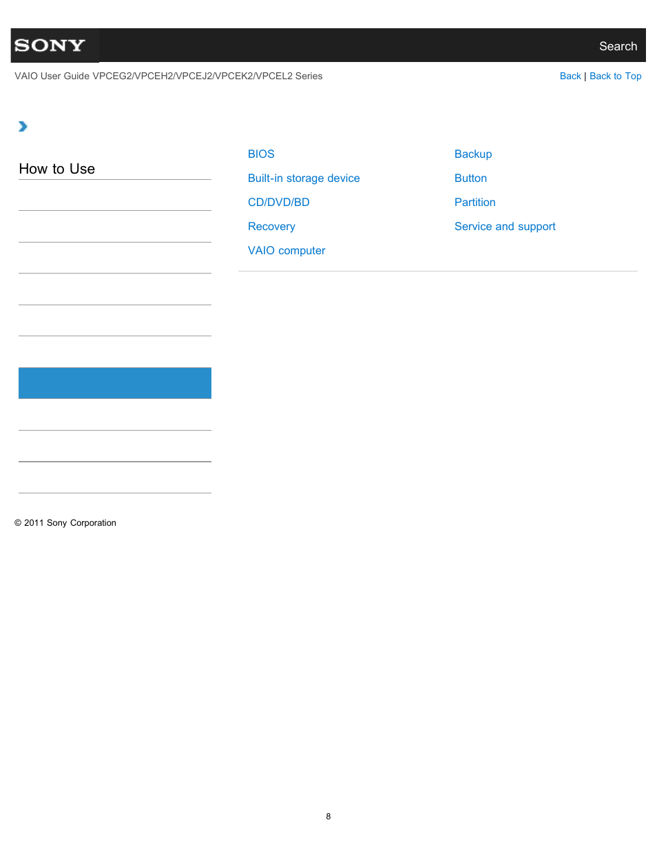 Backup / recovery, How to use | Sony VPCEL2 Series User Manual | Page 8 / 360