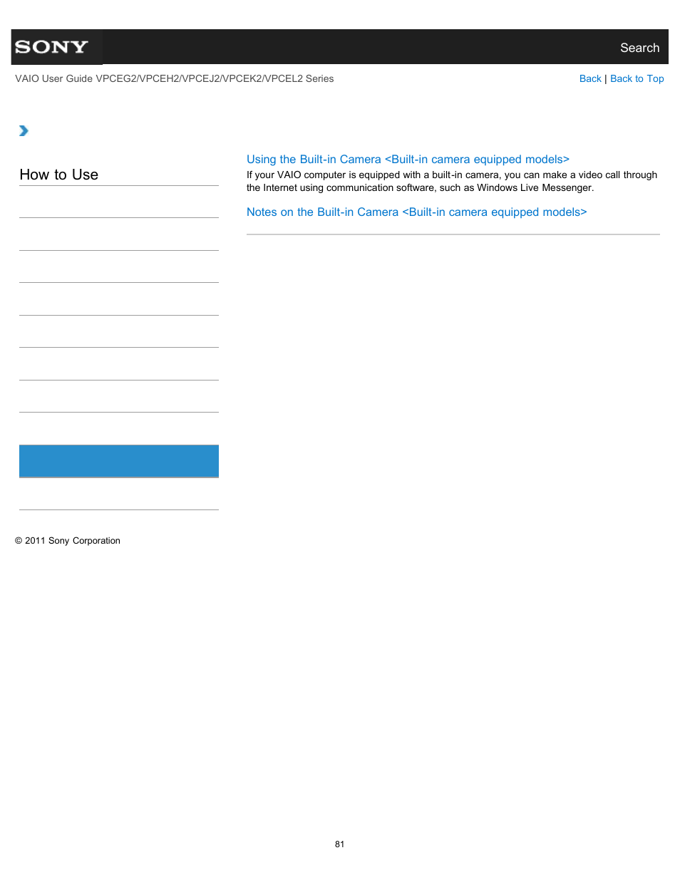 Camera, How to use | Sony VPCEL2 Series User Manual | Page 81 / 360