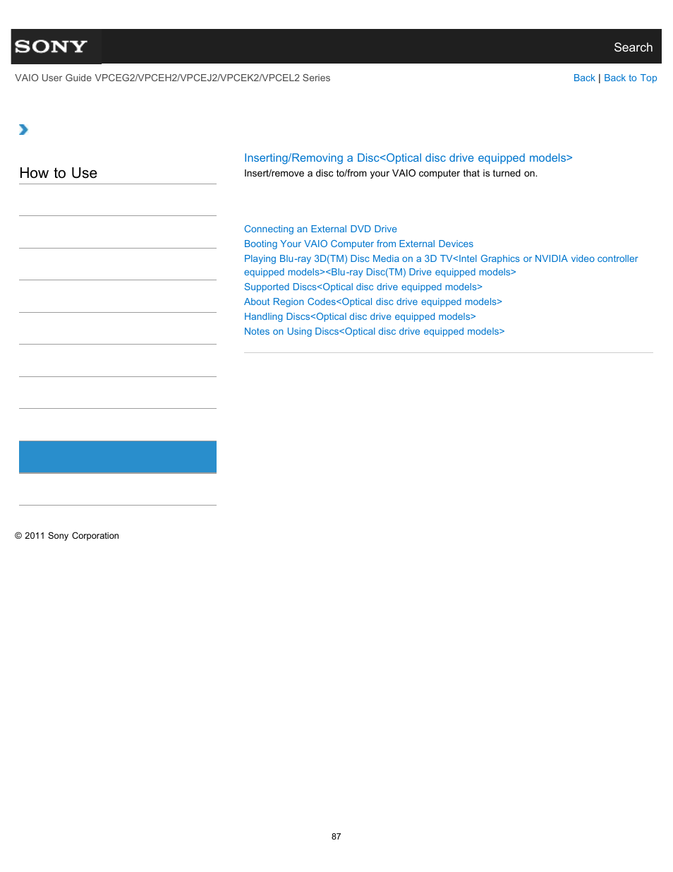 Cd/dvd/bd, How to use | Sony VPCEL2 Series User Manual | Page 87 / 360