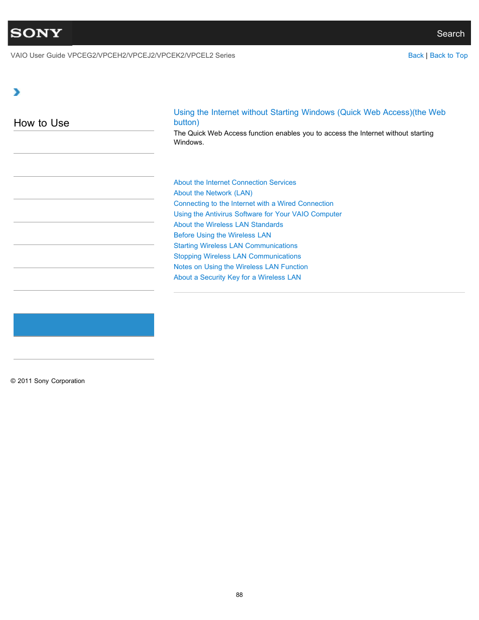 Internet, How to use | Sony VPCEL2 Series User Manual | Page 88 / 360
