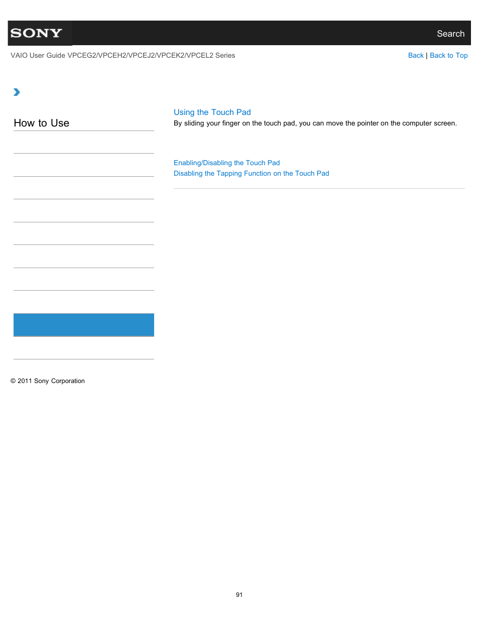 Touch pad, How to use | Sony VPCEL2 Series User Manual | Page 91 / 360