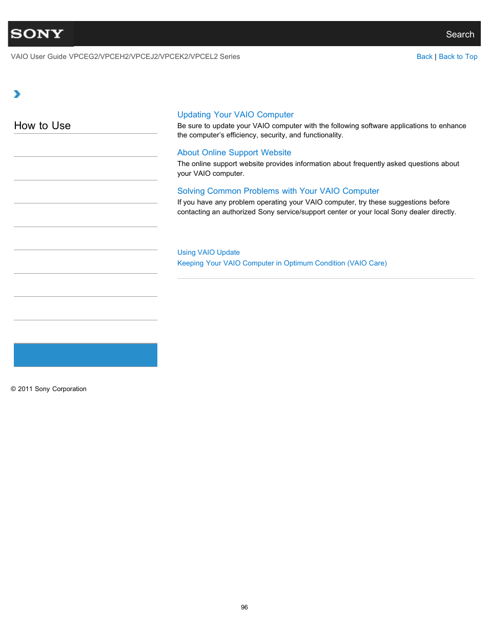 Service and support, How to use | Sony VPCEL2 Series User Manual | Page 96 / 360