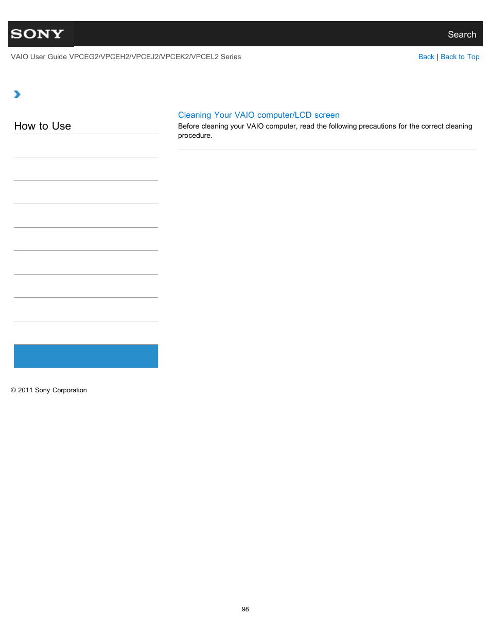 Care and maintenance, How to use | Sony VPCEL2 Series User Manual | Page 98 / 360