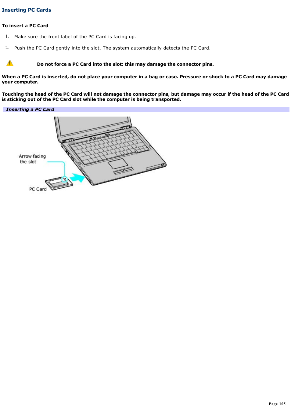 Inserting pc cards | Sony VGN-S260P User Manual | Page 105 / 220