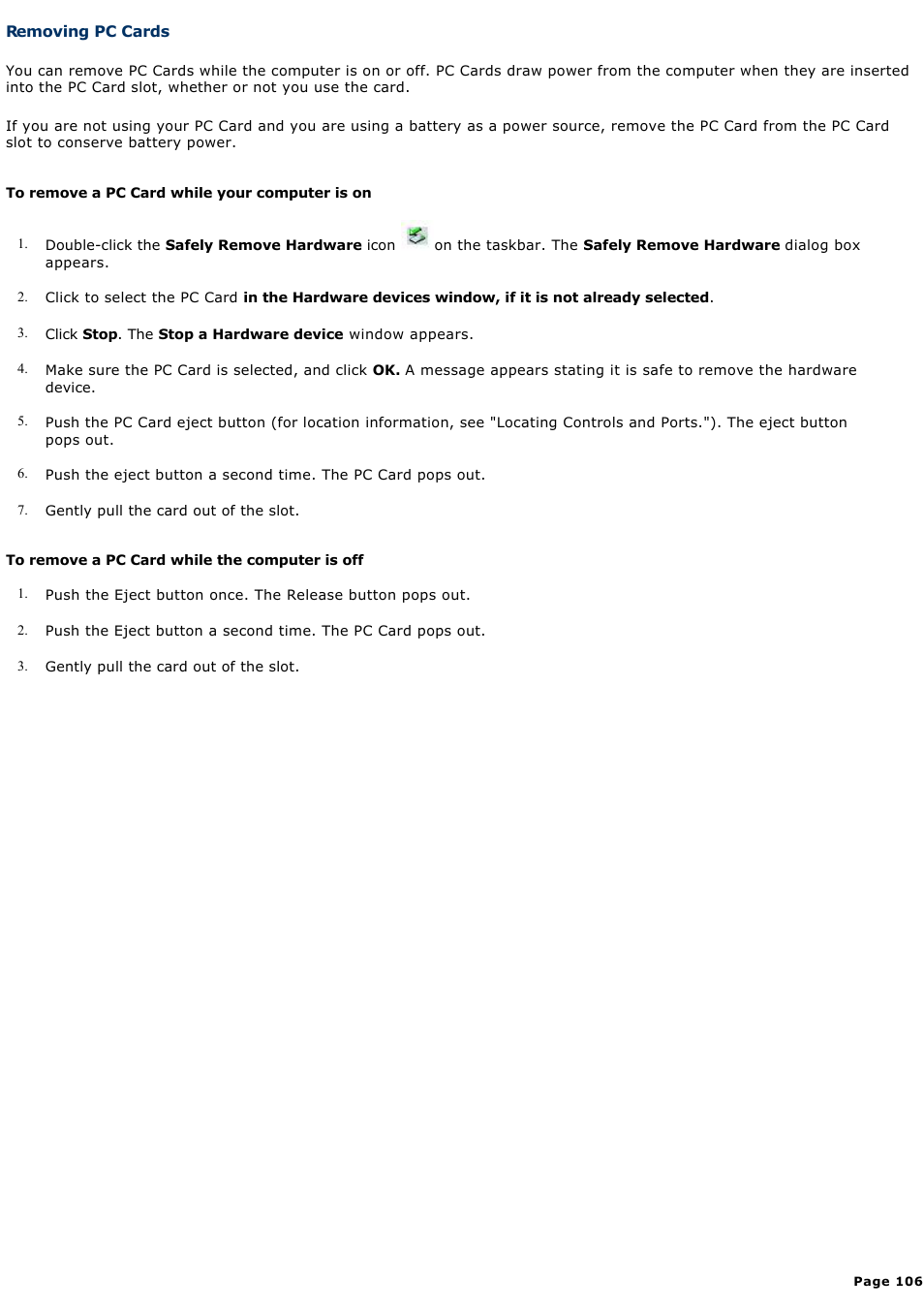 Removing pc cards | Sony VGN-S260P User Manual | Page 106 / 220