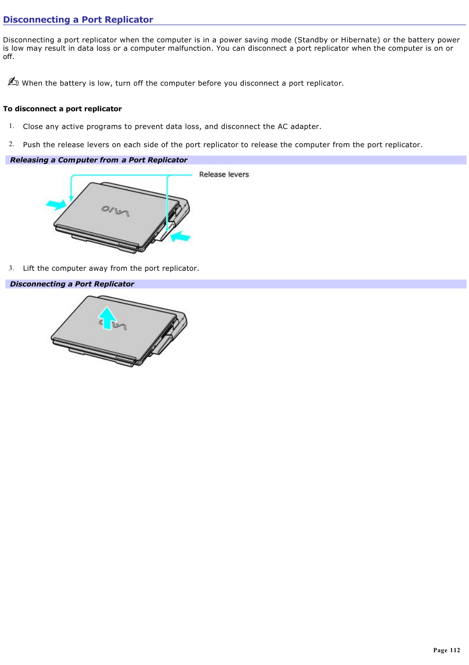 Disconnecting a port replicator | Sony VGN-S260P User Manual | Page 112 / 220