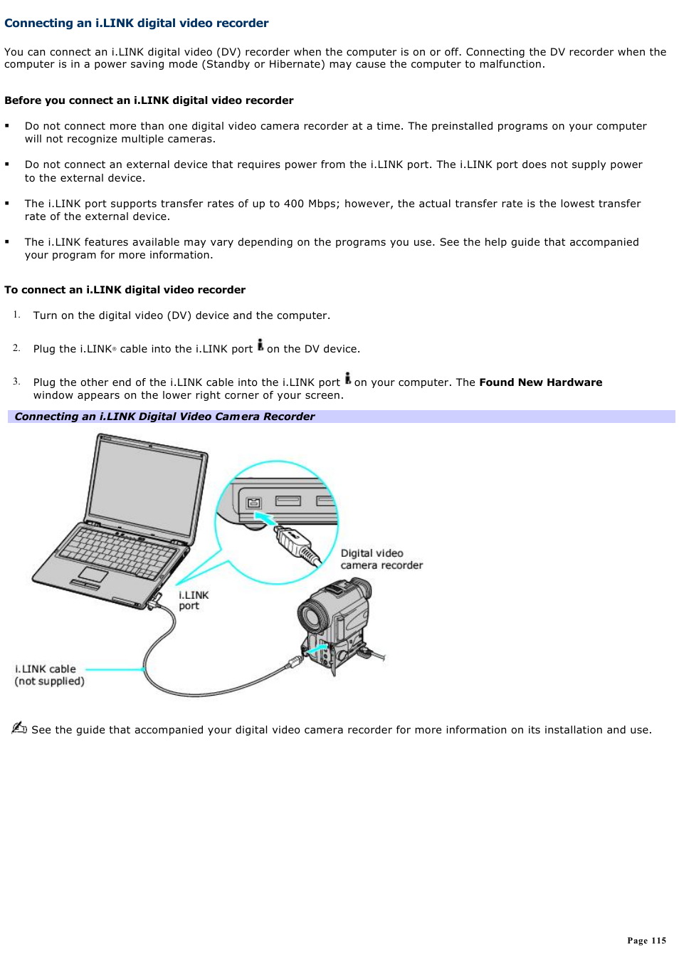 Connecting an i.link digital video recorder | Sony VGN-S260P User Manual | Page 115 / 220