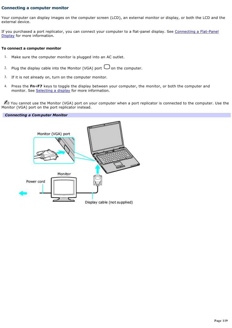 Connecting a computer monitor | Sony VGN-S260P User Manual | Page 119 / 220