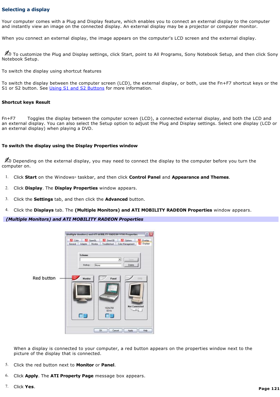 Selecting a display, And flat-panel display. see, For more information | Sony VGN-S260P User Manual | Page 121 / 220