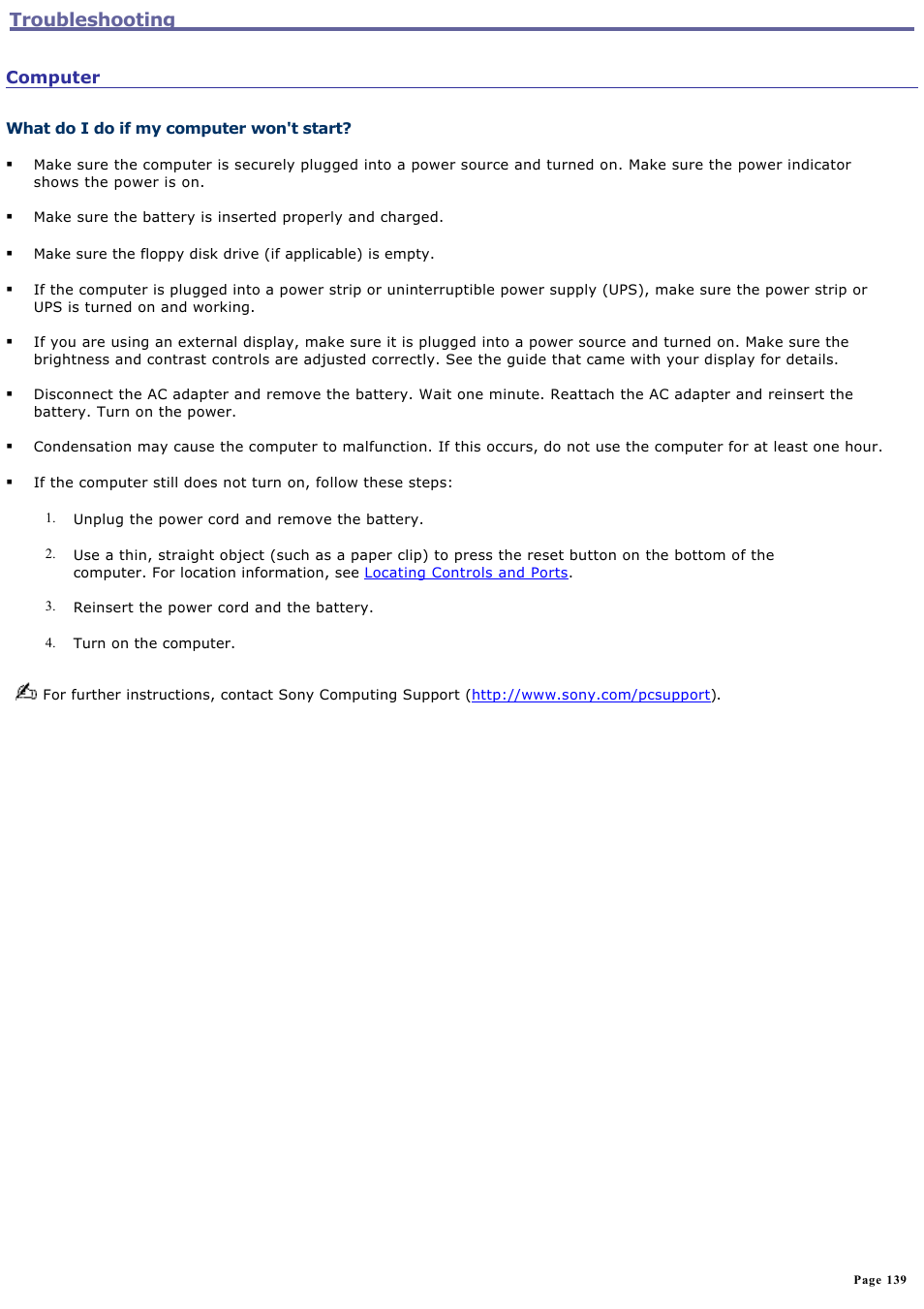 Computer, Troubleshooting | Sony VGN-S260P User Manual | Page 139 / 220