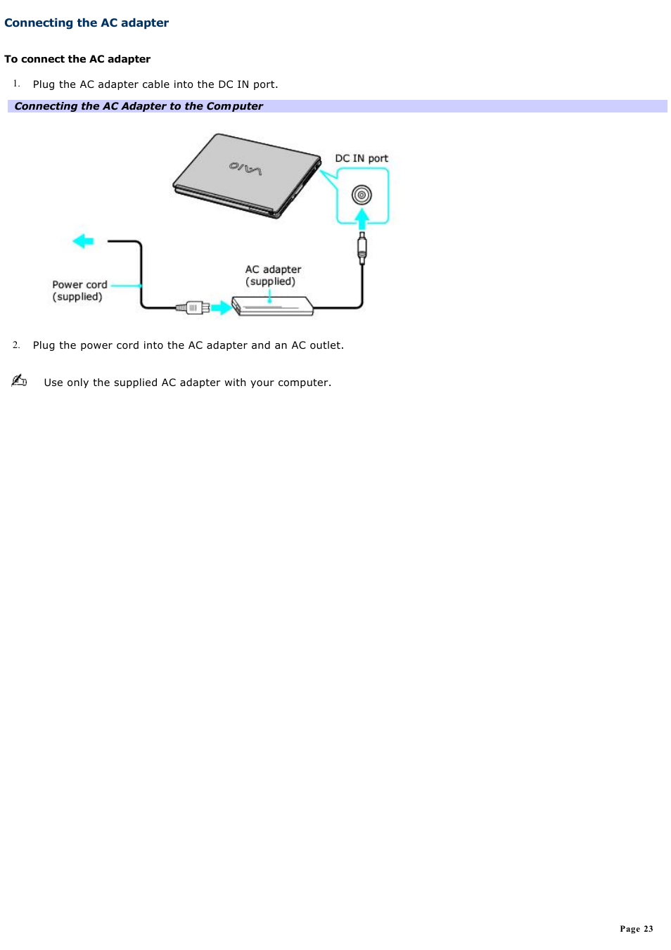 Connecting the ac adapter | Sony VGN-S260P User Manual | Page 23 / 220