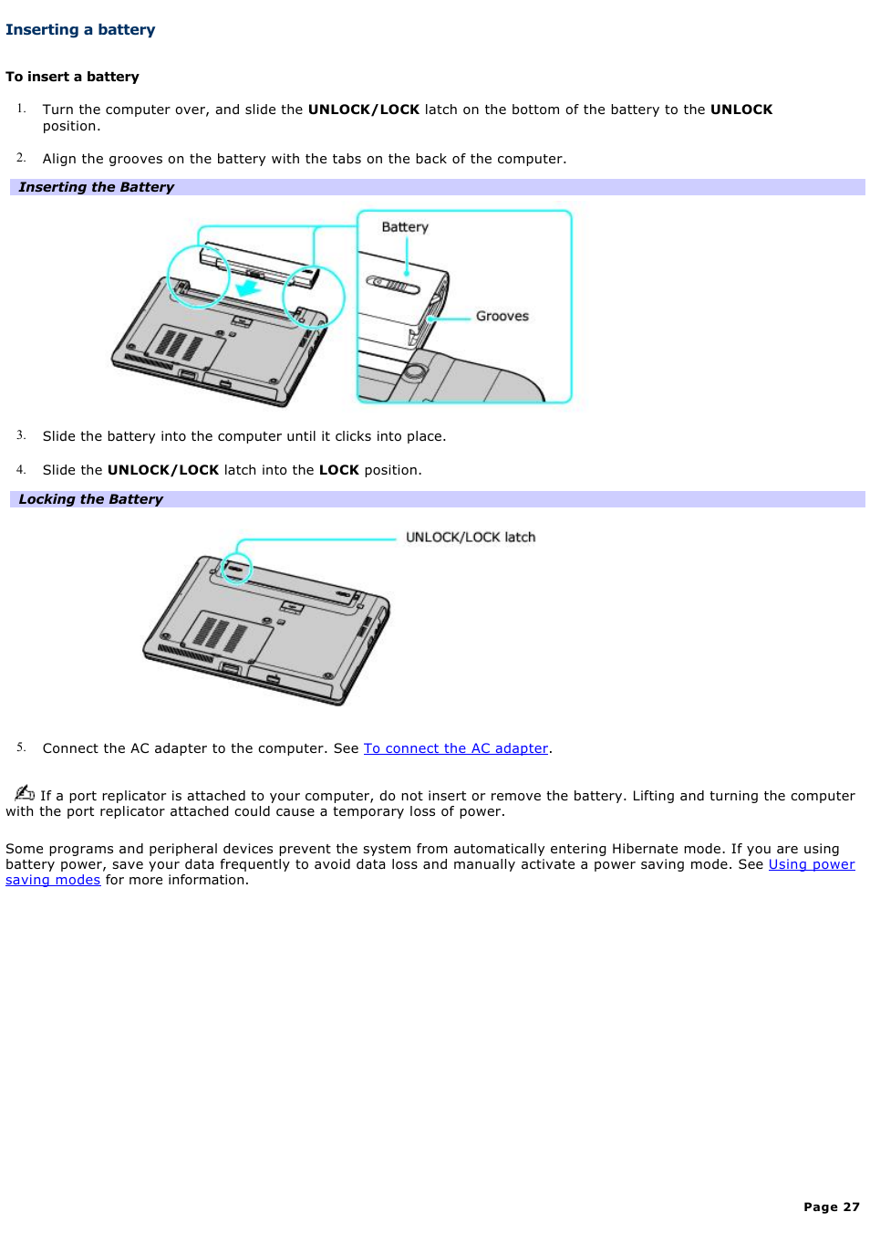 Inserting a battery | Sony VGN-S260P User Manual | Page 27 / 220