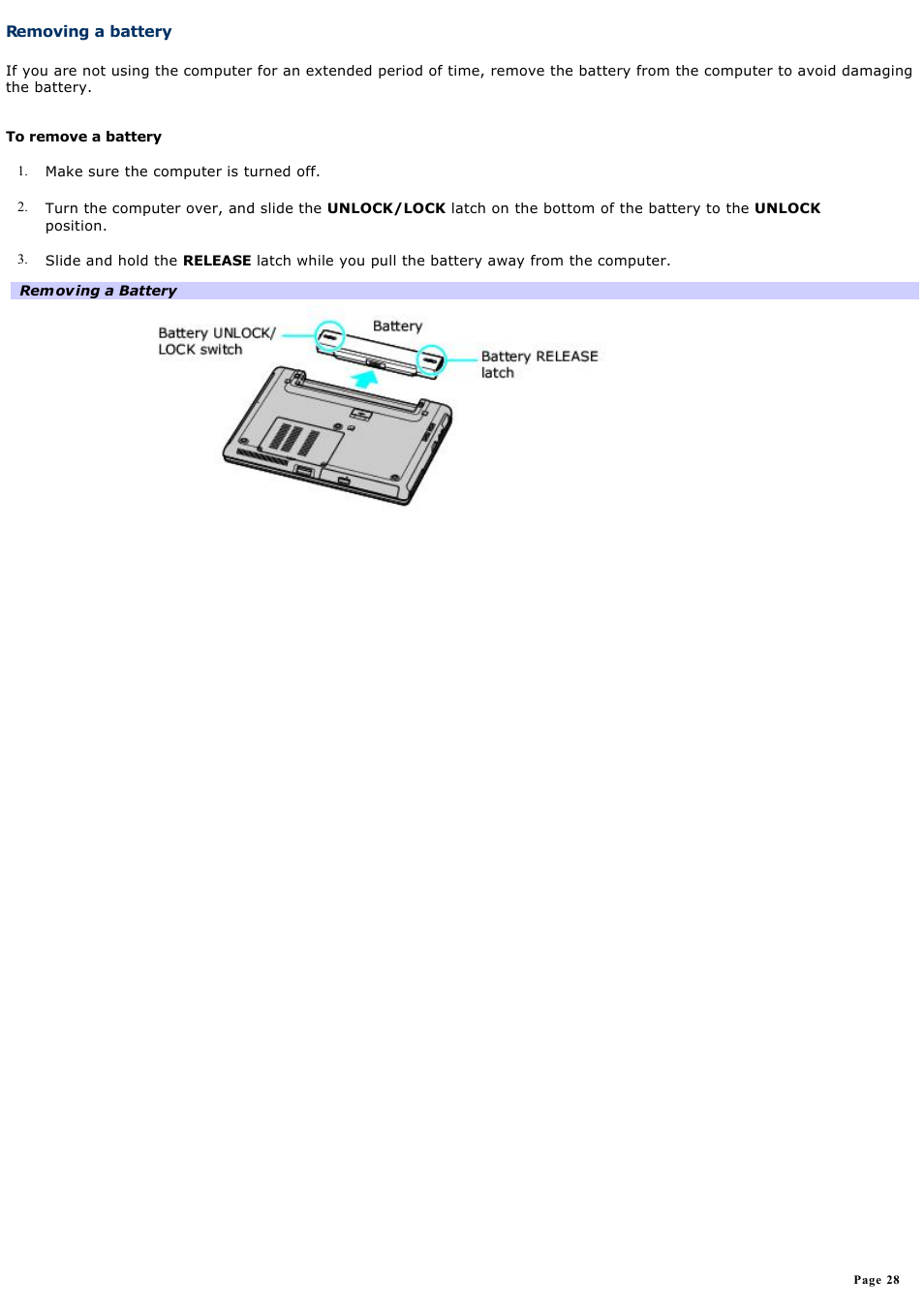 Removing a battery | Sony VGN-S260P User Manual | Page 28 / 220