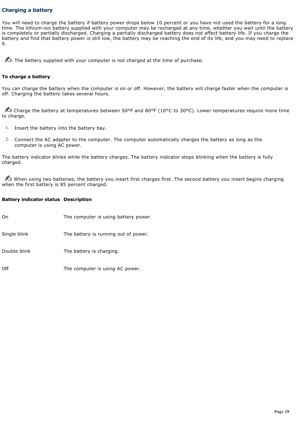 Charging a battery | Sony VGN-S260P User Manual | Page 29 / 220