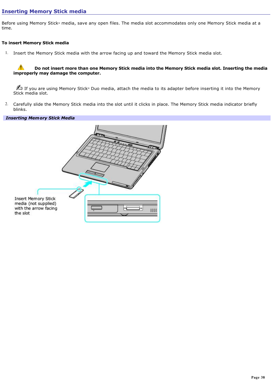 Inserting memory stick media | Sony VGN-S260P User Manual | Page 38 / 220