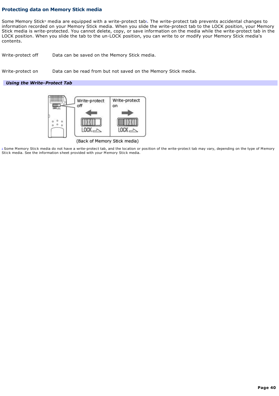 Protecting data on memory stick media | Sony VGN-S260P User Manual | Page 40 / 220