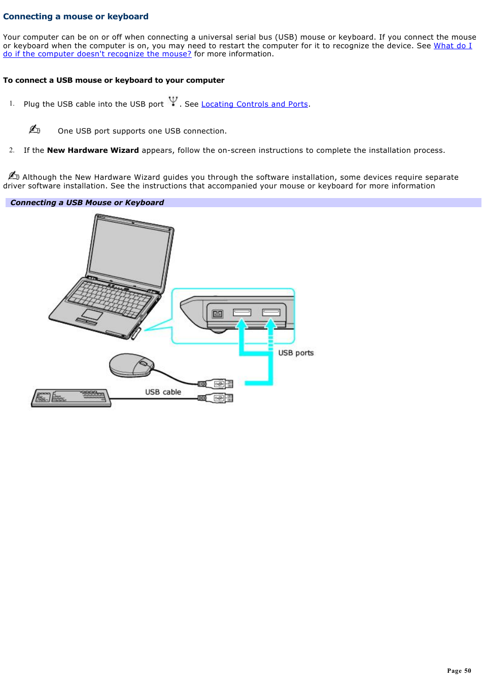 Connecting a mouse or keyboard | Sony VGN-S260P User Manual | Page 50 / 220