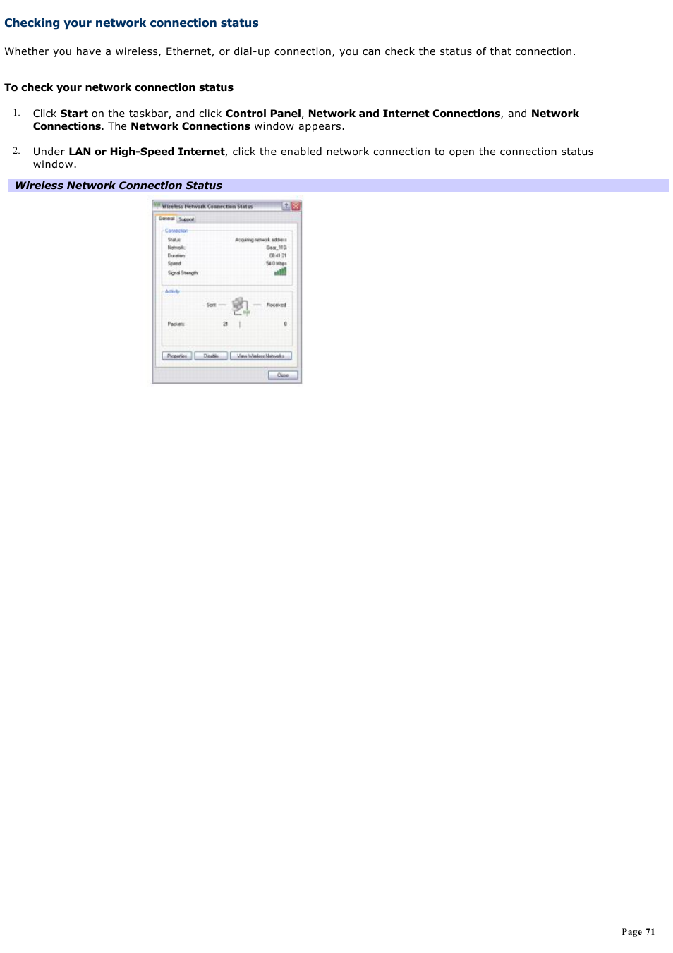 Checking your network connection status | Sony VGN-S260P User Manual | Page 71 / 220