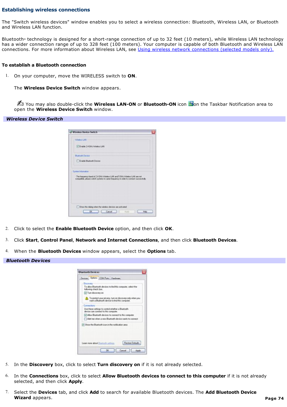 Establishing wireless connections | Sony VGN-S260P User Manual | Page 74 / 220