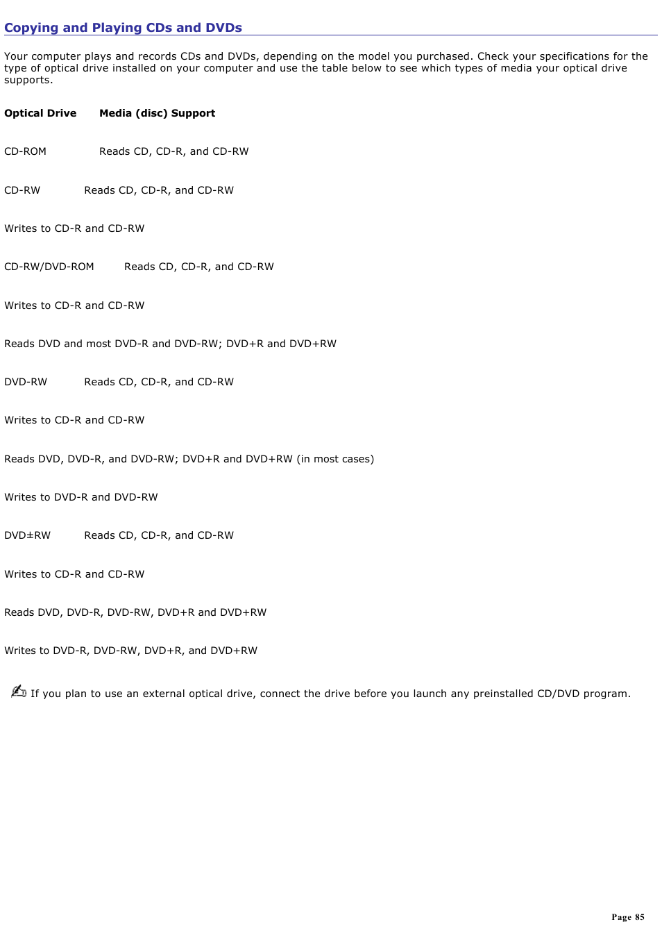 Copying and playing cds and dvds | Sony VGN-S260P User Manual | Page 85 / 220