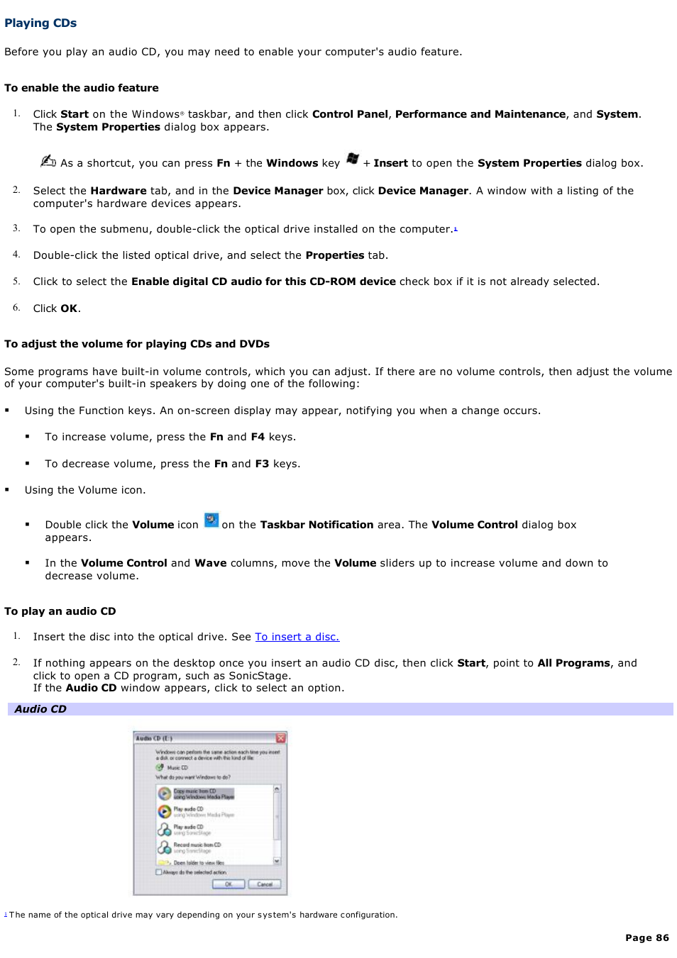 Playing cds | Sony VGN-S260P User Manual | Page 86 / 220