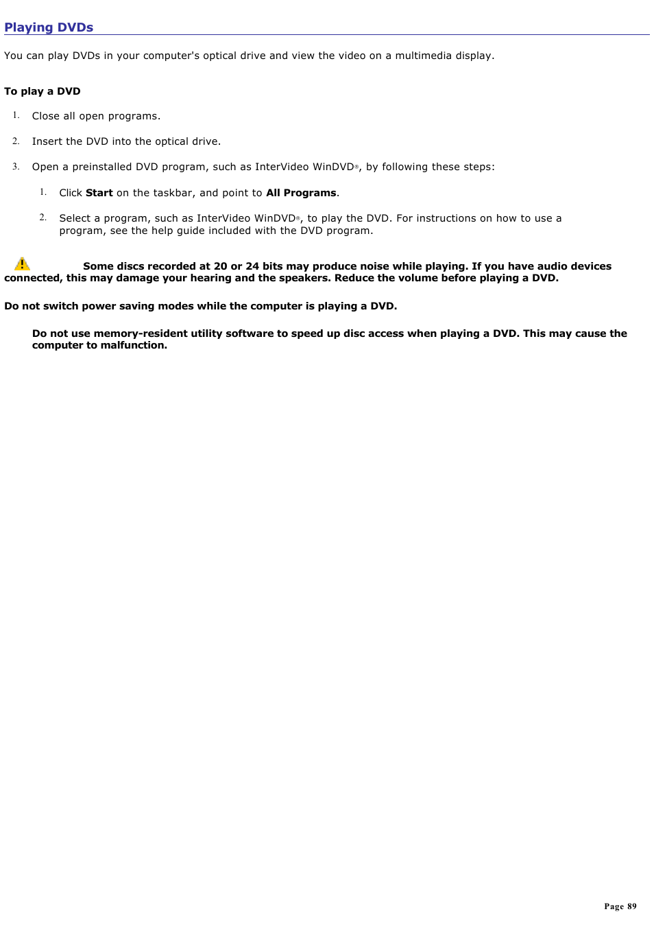 Playing dvds | Sony VGN-S260P User Manual | Page 89 / 220