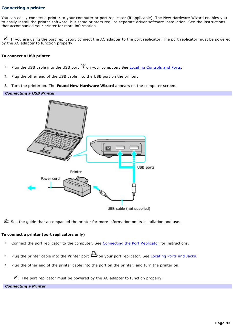 Connecting a printer | Sony VGN-S260P User Manual | Page 93 / 220