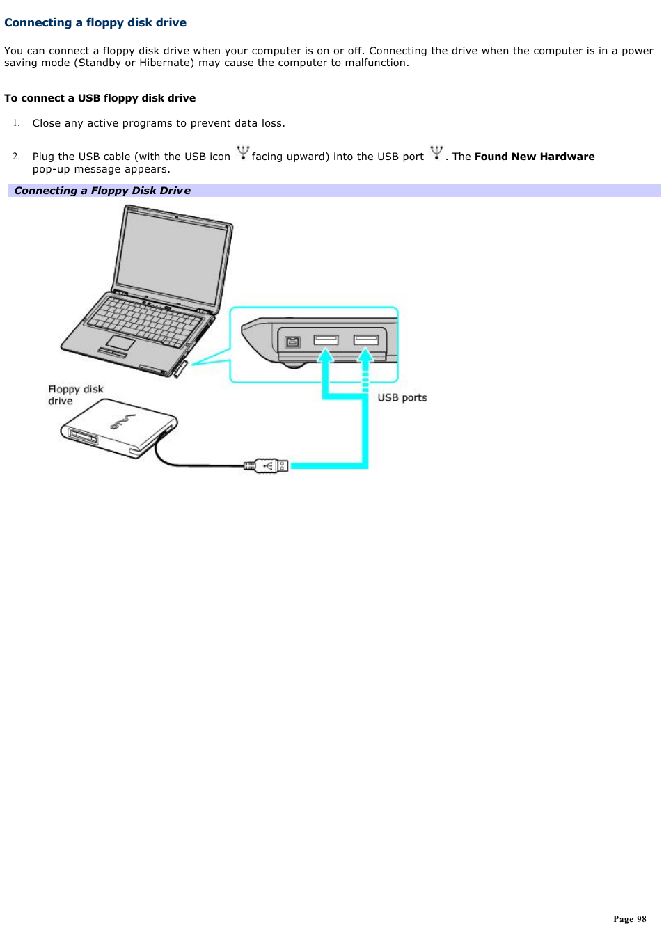 Connecting a floppy disk drive | Sony VGN-S260P User Manual | Page 98 / 220