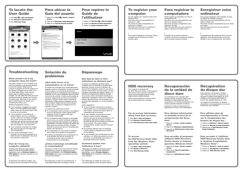 Para ubicar la guía del usuario, Troubleshooting, Solución de problemas | Dépannage, Pour repérer le guide de l'utilisateur, Para registrar la computadora, Enregistrer votre ordinateur, Hdd recovery, Recuperación de la unidad de disco duro, Récupération du disque dur | Sony VGN-NR160E User Manual | Page 2 / 2