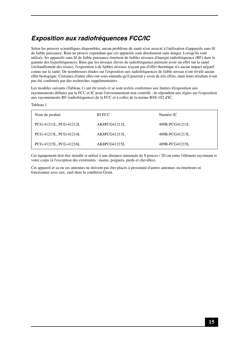 Exposition aux radiofréquences fcc/ic | Sony VPCSA2HGX User Manual | Page 15 / 40