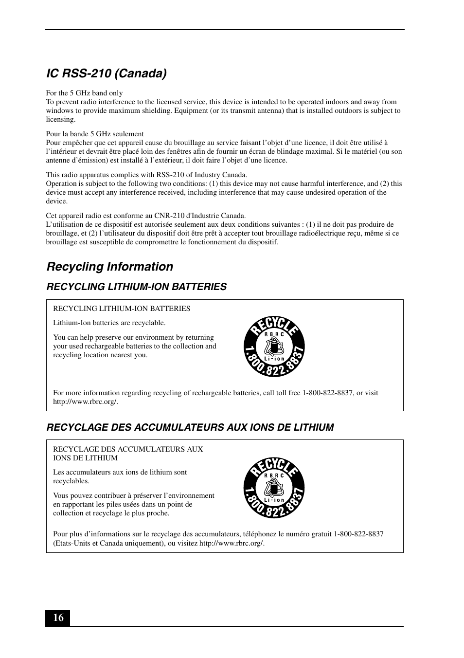 Ic rss-210 (canada), Recycling information | Sony VPCSA2HGX User Manual | Page 16 / 40