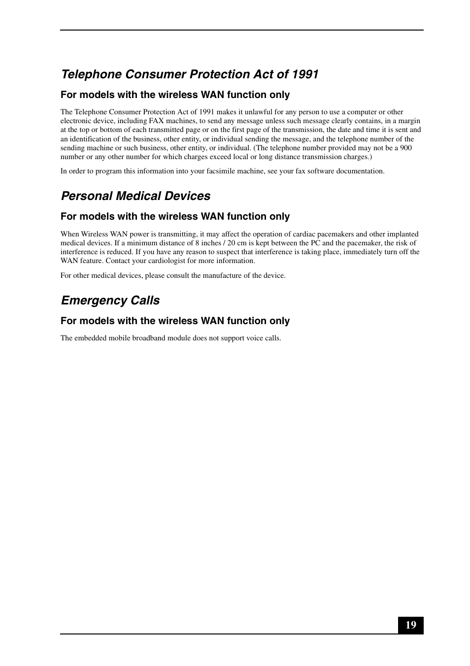 Telephone consumer protection act of 1991, Personal medical devices, Emergency calls | Sony VPCSA2HGX User Manual | Page 19 / 40